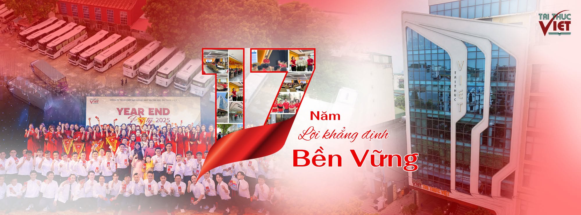 Ấn phẩm kỷ niệm 17 năm phát triển của Tri Thức Việt với hình ảnh đội ngũ, đội xe và trụ sở